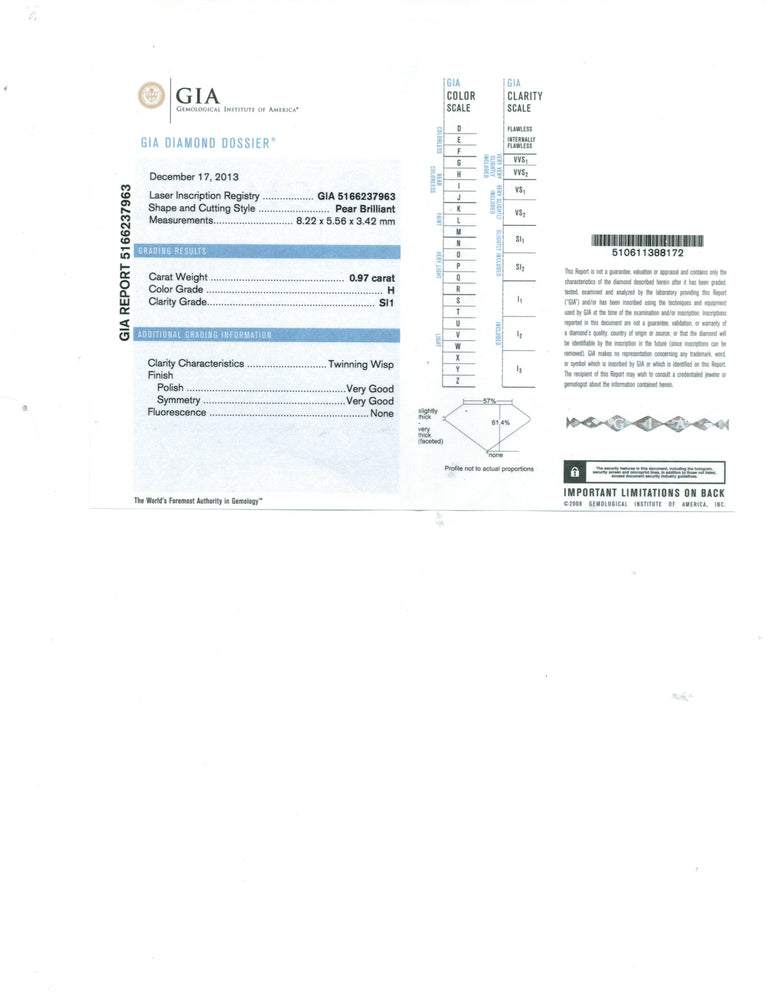 GIA Certified Pear Shape Diamond 14 Kt White Gold Ring. H, SI1 (0.97 Ct.)