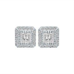 Princess & Round Diamonds 14K White Gold Halo Earrings. (1.28 Ct. Tw)