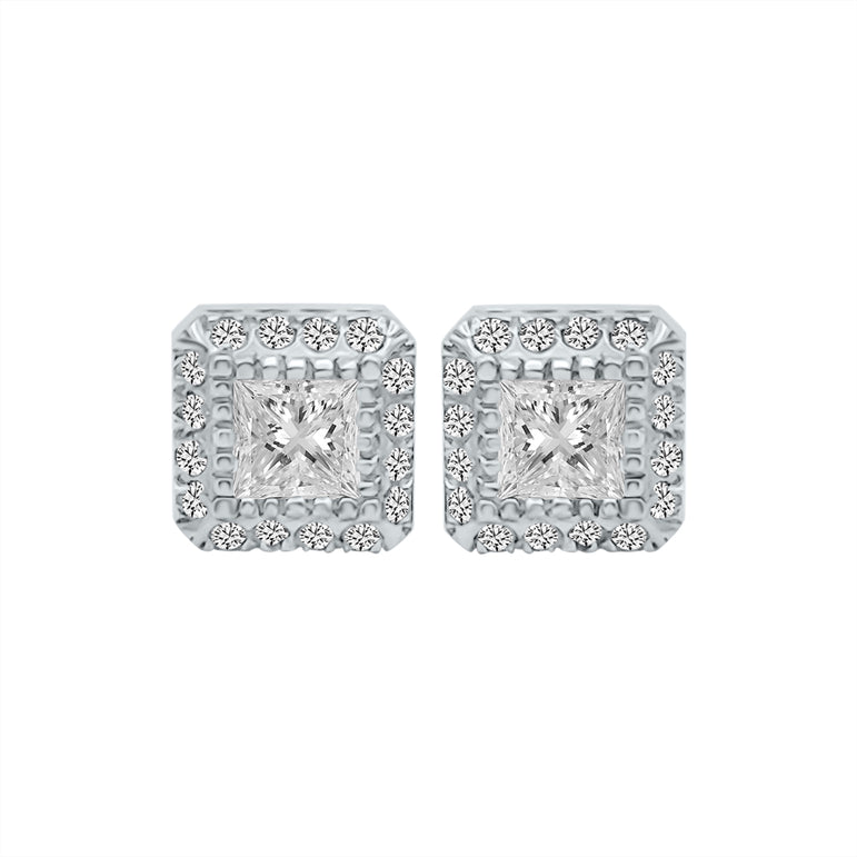 Princess & Round Diamonds 14K White Gold Halo Earrings. (1.28 Ct. Tw)
