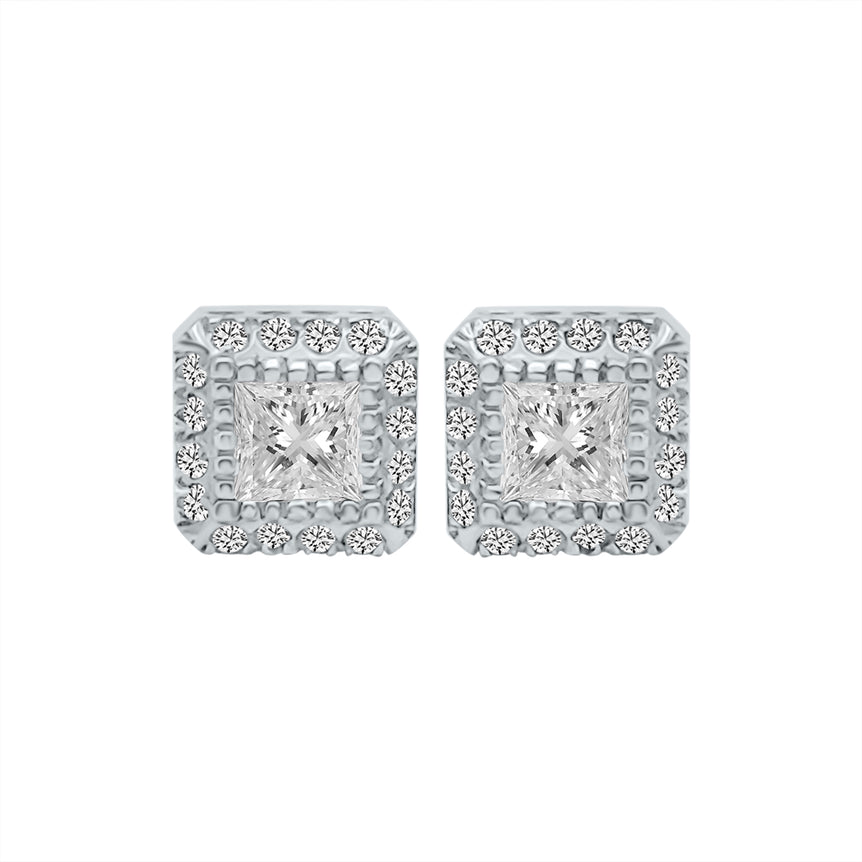 Princess & Round Diamonds 14K White Gold Halo Earrings. (1.28 Ct. Tw)