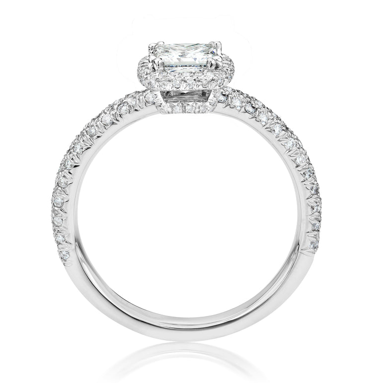 Princess Cut & Round Diamonds Platinum Halo Setting Ring. (1.15 Ct. Tw)
