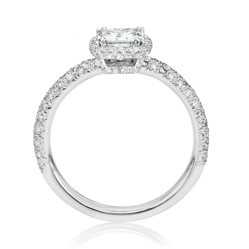 Princess Cut & Round Diamonds Platinum Halo Setting Ring. (1.15 Ct. Tw)