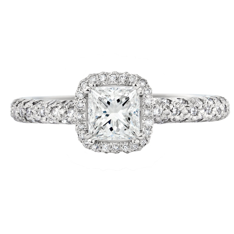 Princess Cut & Round Diamonds Platinum Halo Setting Ring. (1.15 Ct. Tw)
