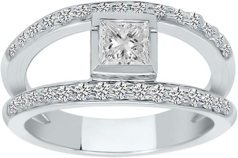 Two Row Princess & Round Diamonds Platinum Ring. (1.02 Ct. Tw)