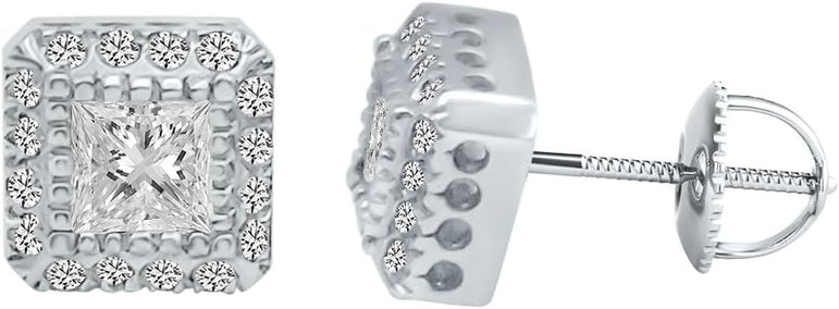 Princess & Round Diamonds 14K White Gold Halo Earrings. (1.28 Ct. Tw)