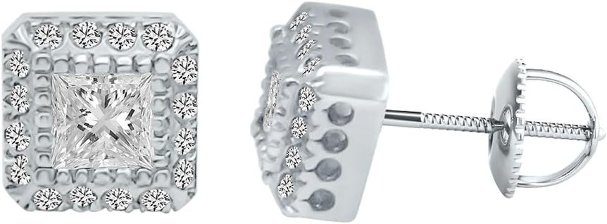 Princess & Round Diamonds 14K White Gold Halo Earrings. (1.28 Ct. Tw)