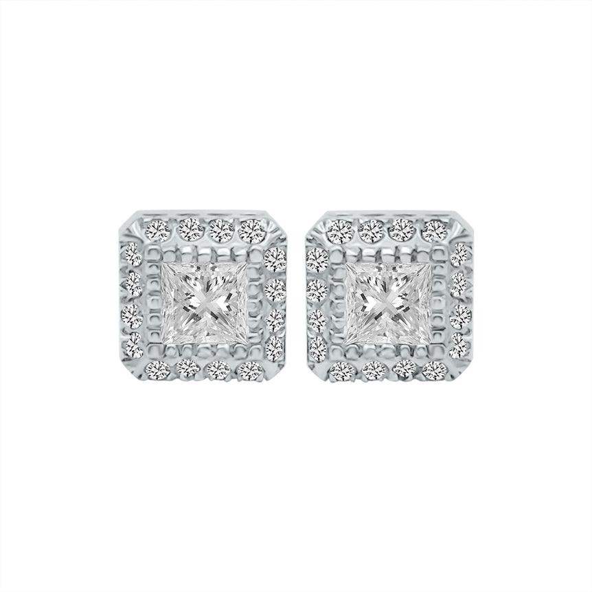 Princess & Round Diamonds  14K White Gold Halo Earrings. (1.28 Ct. Tw)