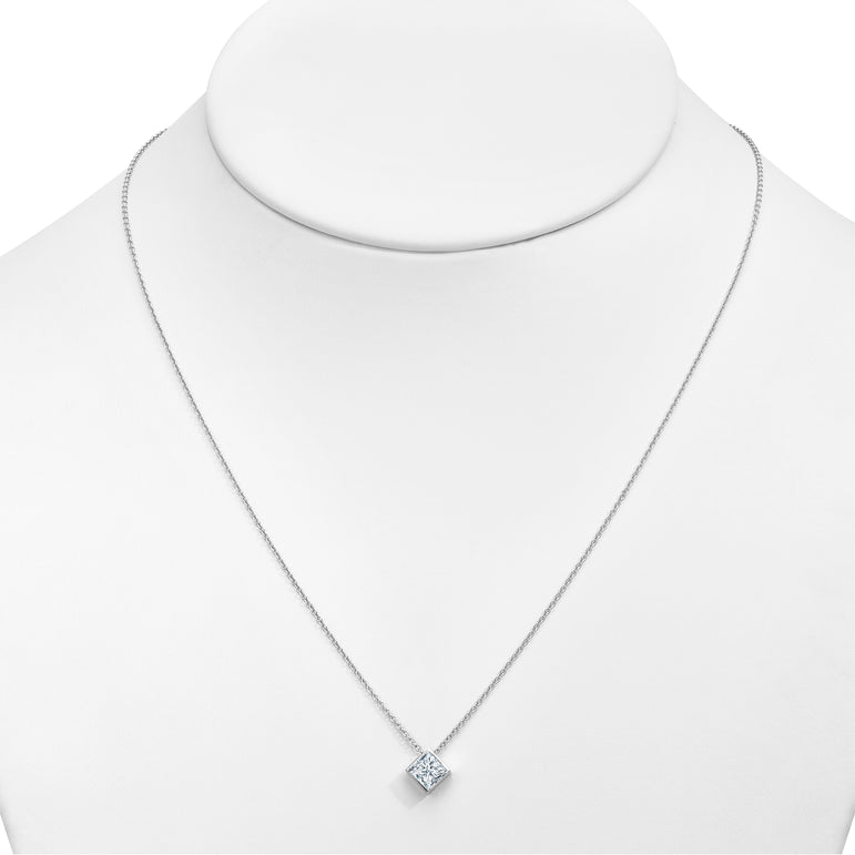 Bezel Set Princess-Cut Necklace With 17 Inches Chain. (0.70 Ct)