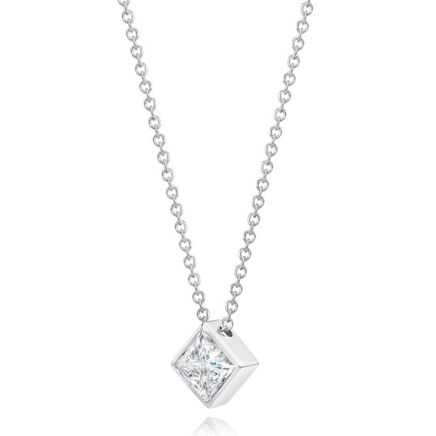 Bezel Set Princess-Cut Necklace With 17 Inches Chain. (0.70 Ct)