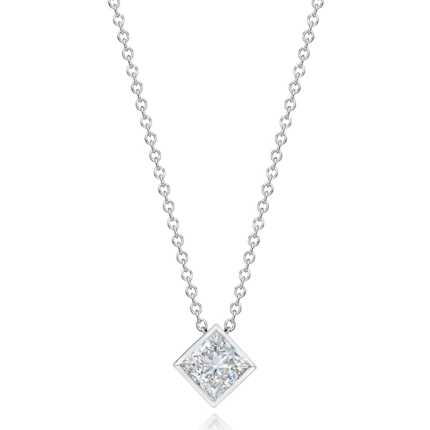 Bezel Set Princess-Cut Necklace With 17 Inches Chain. (0.70 Ct)