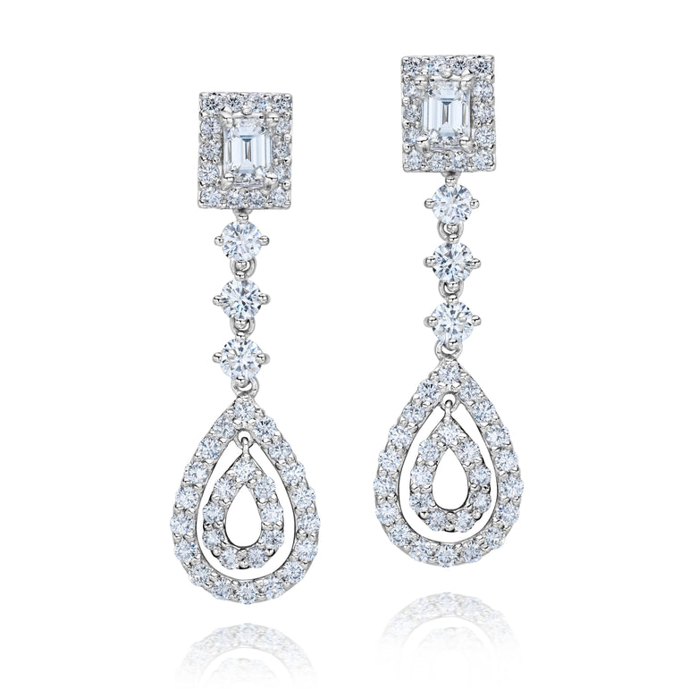 14kt White Gold Emerald Cut & Round Diamonds Drop Down Earrings. (3.75 Ct. Tw)