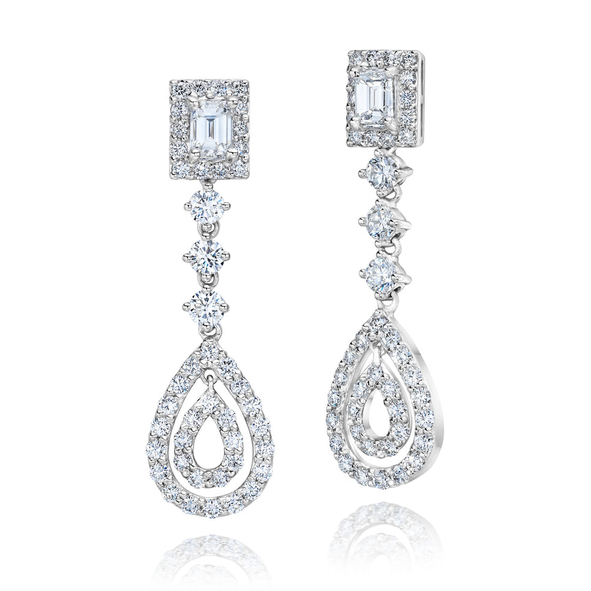 14kt White Gold Emerald Cut & Round Diamonds Drop Down Earrings. (3.75 Ct. Tw)